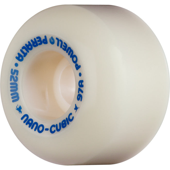 A white POWELL PERALTA DF A.A. NANO CUBICS 52X36MM 97A skateboard wheel with blue letters on it.