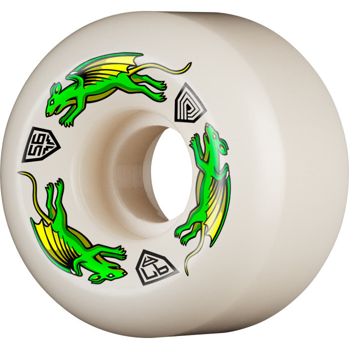 Introducing the POWELL PERALTA NANO RAT DF A2 56x39MM 97A skateboarding wheel, a white wheel adorned with three green, winged creatures in a circular pattern and various geometric symbols. This wheel features the high-performance Nano Rat Dragon Formula from POWELL PERALTA.