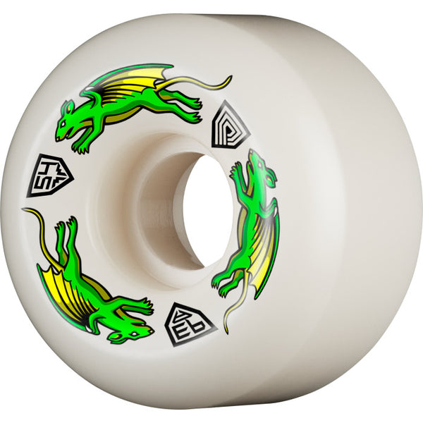The POWELL PERALTA NANO RAT DF V6 white skateboard wheel features a striking graphic of three green, winged rats flying in a circle with various geometric symbols. Available in 54x34MM 93A, this wheel is perfect for both street and park skating.