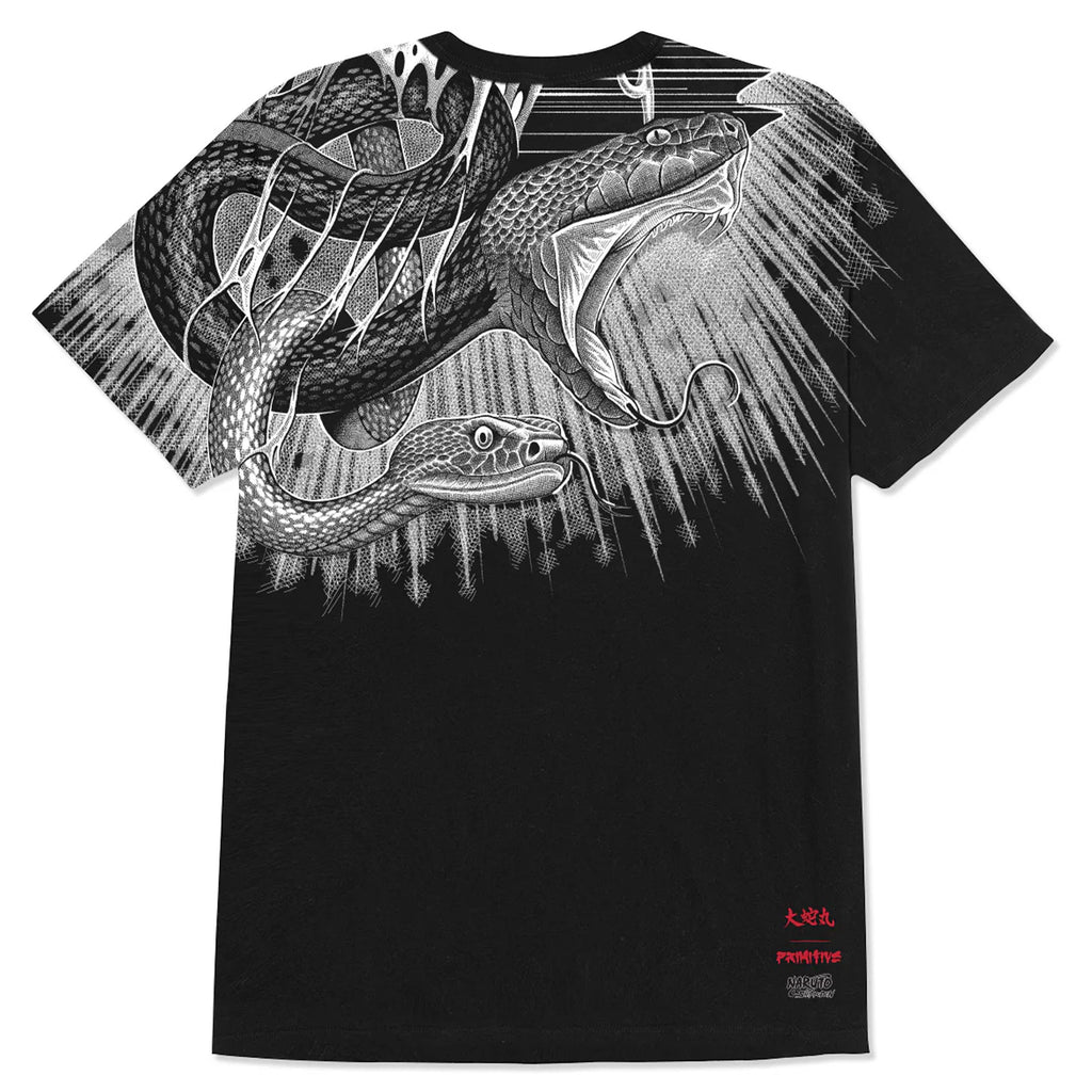 The PRIMITIVE X NARUTO X PAUL JACKSON SNAKES TEE BLACK, made of 100% cotton, showcases a complex white and gray snake design with fangs on the back. Red kanji characters and logos appear at the bottom right, merging Primitive and Naruto aesthetics.