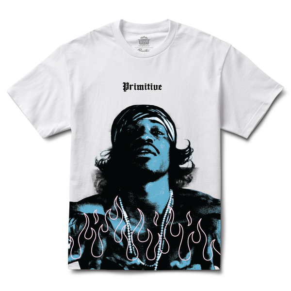 The PRIMITIVE X OUTKAST DYNAMIC TEE WHITE by PRIMITIVE features vibrant screen-printed artwork of a person with a bandana and necklace, enhanced with blue tones and dynamic flame designs. "Primitive" is boldly displayed, embodying the Primitive x Outkast collaboration.