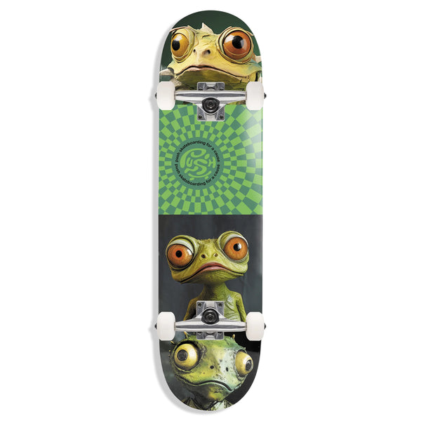 The PUSH COMPLETES GECKO skateboard from push completes features an eye-catching lizard design with green checkered and circular patterns on the deck. It is equipped with Canon trucks and 100A wheels, combining unique artistry with high performance for skaters.