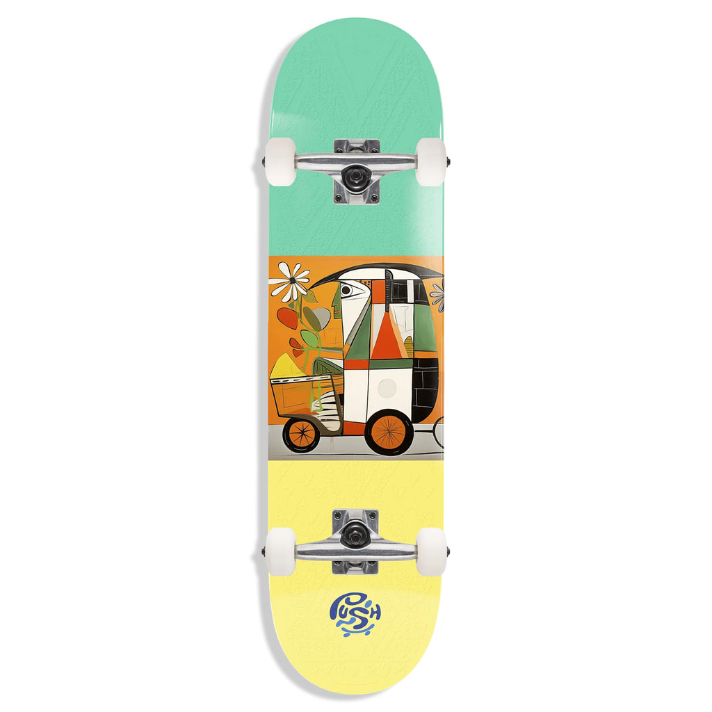 The PUSH COMPLETES INDIA MLSL skateboard by push completes features a vibrant green and yellow gradient with geometric shapes and flowers. Equipped for top performance, it has Canon trucks and 100A wheels, inspired by Ruben Sanchez's unique style.