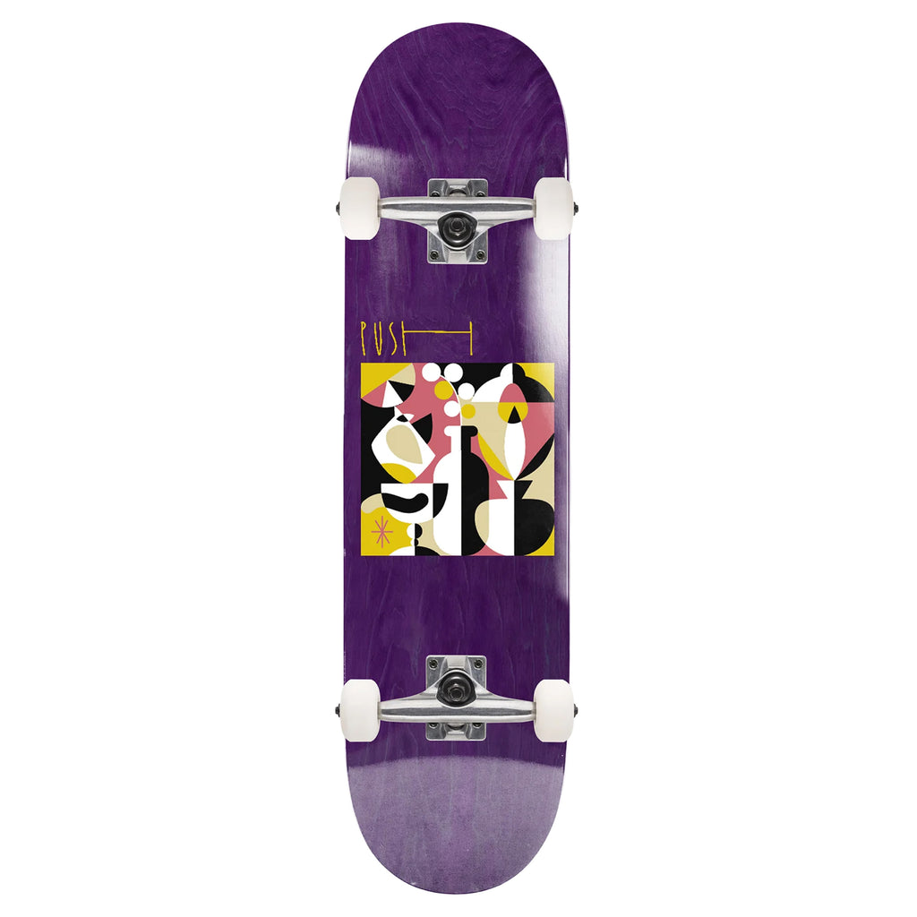 The PUSH COMPLETES RUBEN SANCHEZ GUEST PRO skateboard, by push completes, shines with a geometric abstract design reflective of Ruben Sanchez's style. Equipped with Canon trucks, it flaunts white wheels on its purple deck.