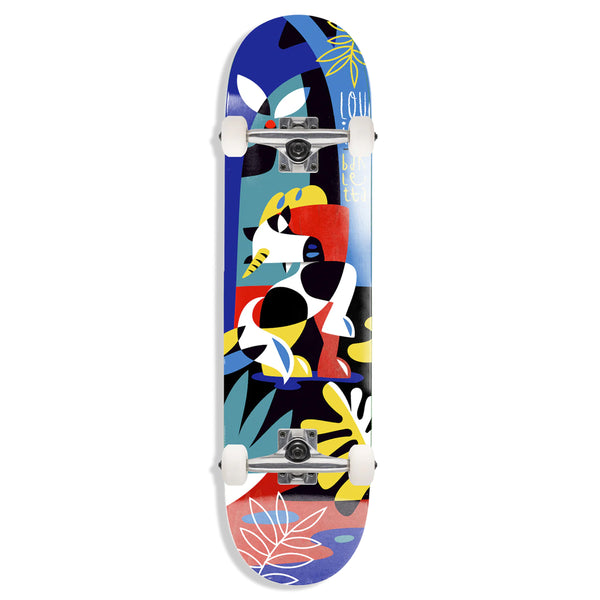 The PUSH COMPLETES LOUIE BARLETTA GUEST PRO skateboard from push completes showcases colorful abstract art with geometric shapes and leaves. It features 100A wheels and an 8" wide deck for a smooth ride.