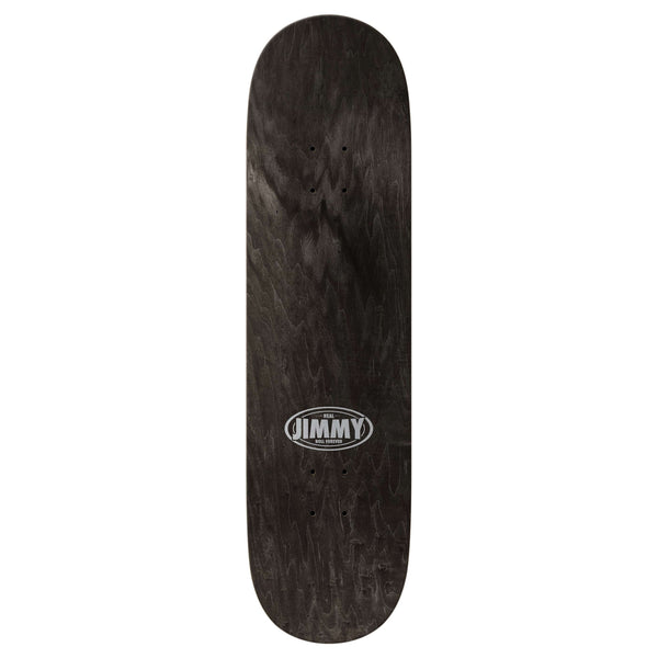 The REAL WILKINS ASTRONAUT by REAL is a black 8.5" skateboard deck with wood grain texture and "JIMMY" in white oval text at the center; classic 32.18" length for versatile performance.