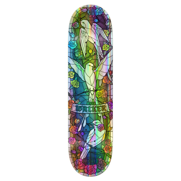 A skateboard deck featuring a stained glass design with white doves, roses, and the name "WALTER" in the center. The REAL WALKER HOLO CATHEDRAL deck boasts vivid colors ranging from blue and green to pink and orange, with a skateboard length of 14.38" WB.