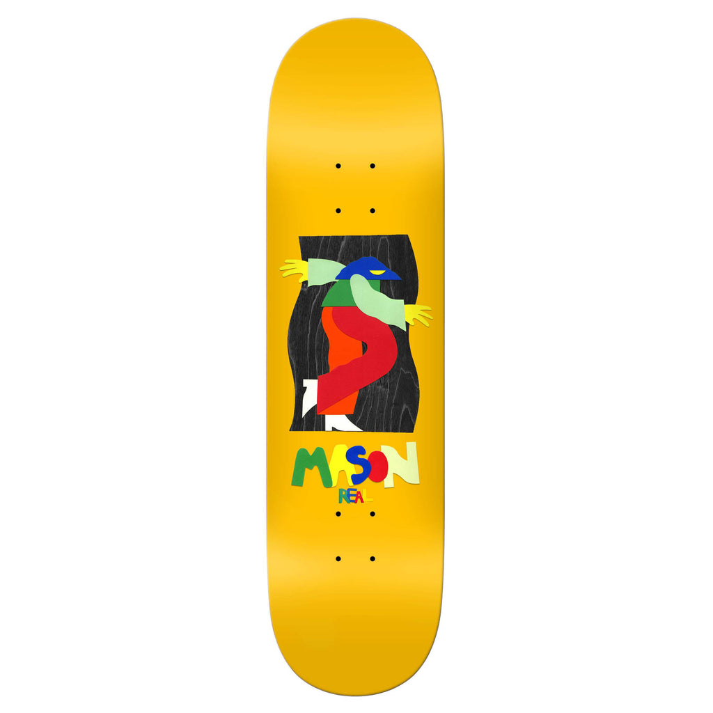 A yellow skateboard deck from REAL, showcasing vibrant abstract artwork in the center and the word "MASON" crafted in multicolored letters below. The REAL MASON BY MARBIE design is further elevated with a subtle holographic effect, offering a unique and eye-catching look ideal for any skateboard enthusiast.