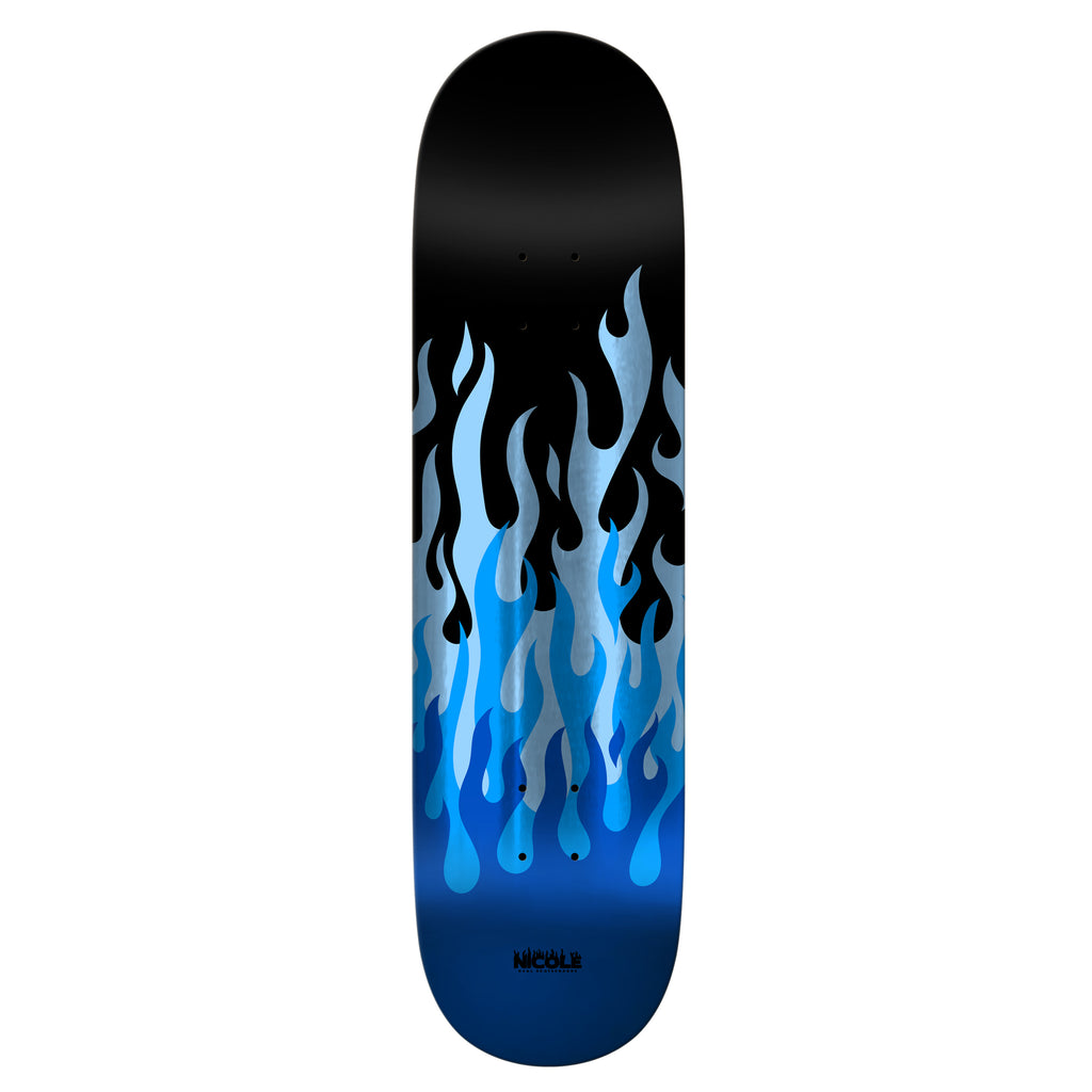 Introducing the REAL NICOLE KITTED TRUE FIT skateboard deck from REAL, featuring a design of blue flames on a black background. This board, perfect for any skater, combines style and durability with dimensions engineered for optimal performance and control.