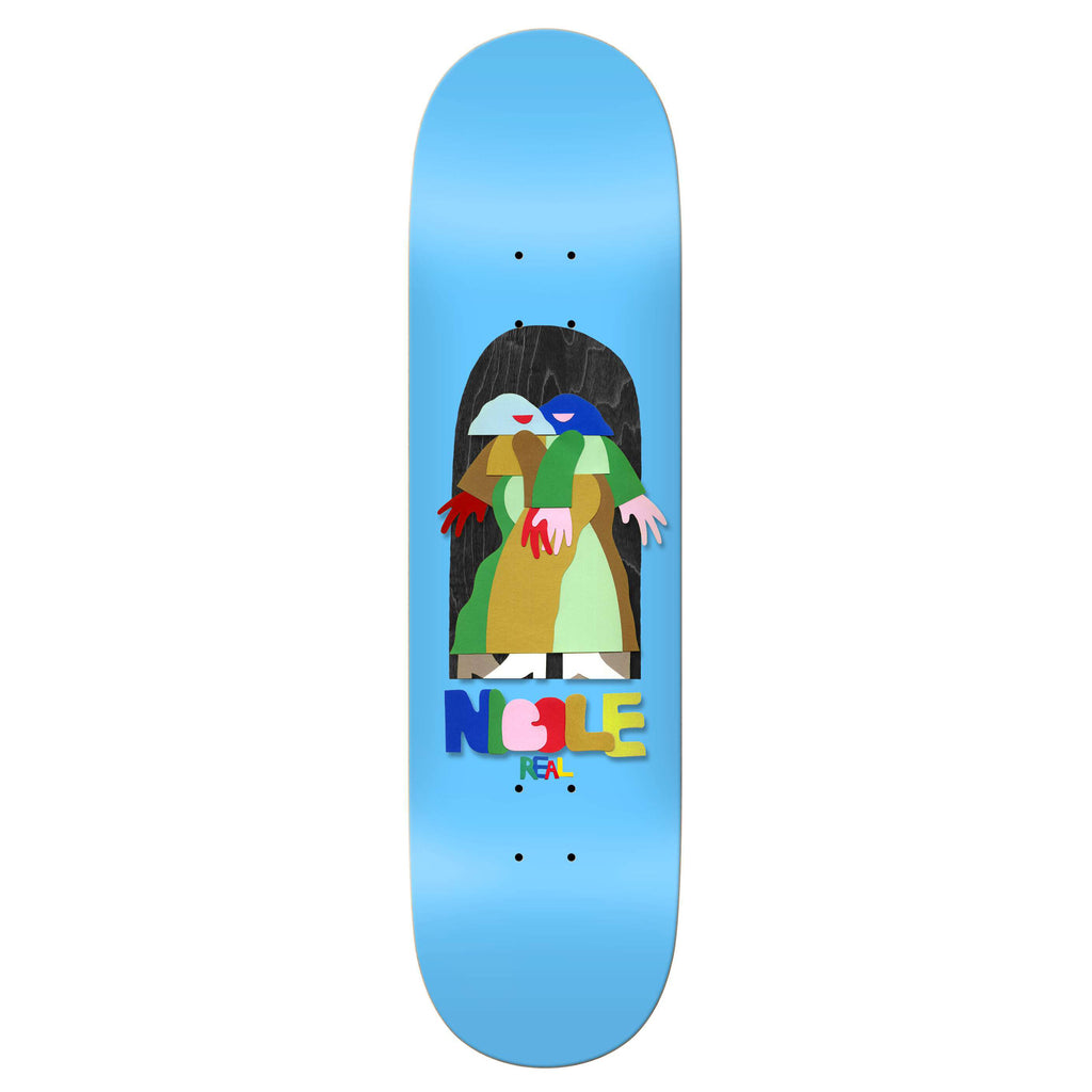 Introducing the REAL NICOLE BY MARBIE skateboard from REAL, featuring a blue deck adorned with abstract art of two figures, the word "Noble" in colorful letters at the bottom, and measuring 32.25 inches in length.