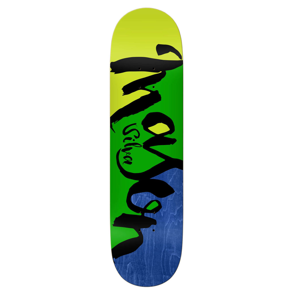 Introducing the REAL MASON SCRIPT COLORBLOCK skateboard deck: This 8.0631" masterpiece boasts a gradient design transitioning from bright yellow at the top, to green in the middle, and blue at the bottom, featuring black stylized text.