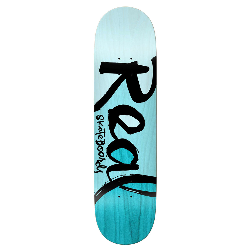 A REAL TEAM SCRIPT COLORBLOCK skateboard deck measuring 8.38 inches, featuring a gradient blue design with the word "Real" boldly written in black, accompanied by the smaller text "skateboards" along the side.