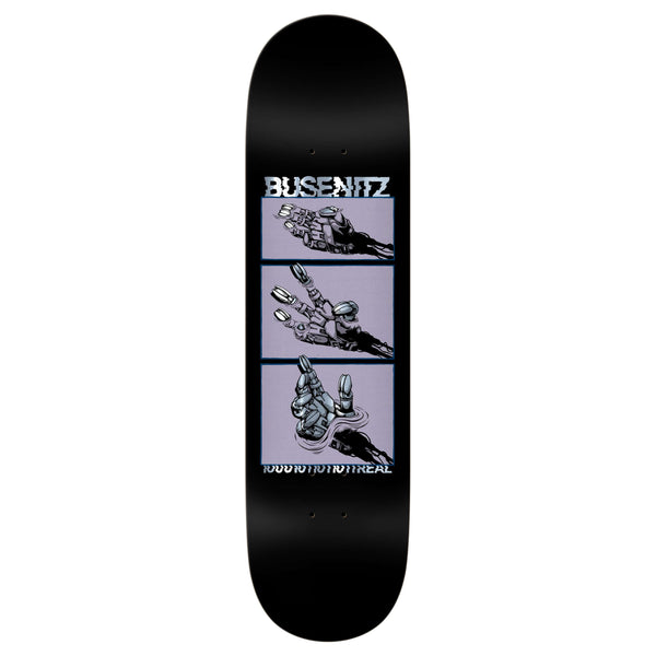 The REAL BUSENITZ 4TH WALL EASY RIDERS skateboard deck, designed with three panels showcasing a hand in different gestures and the text "1000% Natural" alongside "Busenitz," promises quick responsive pop and a full-board feel for an enhanced ride.