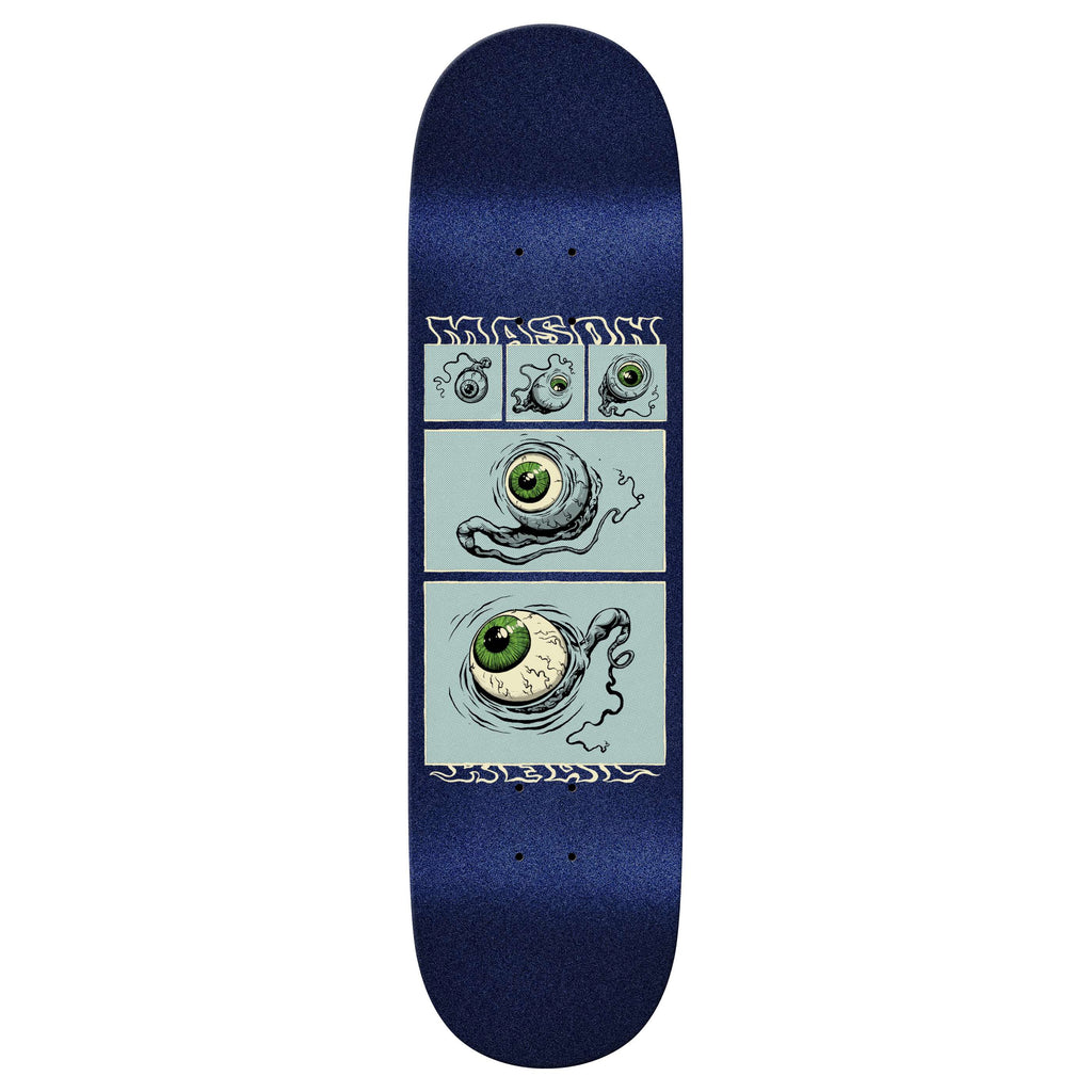 REAL MASON 4TH WALL GLITTER skateboard deck by REAL, showcasing a blue background adorned with comic-style illustrations of a rolling eyeball and stylized text, perfectly capturing the spirit of the Easy Rider in you.