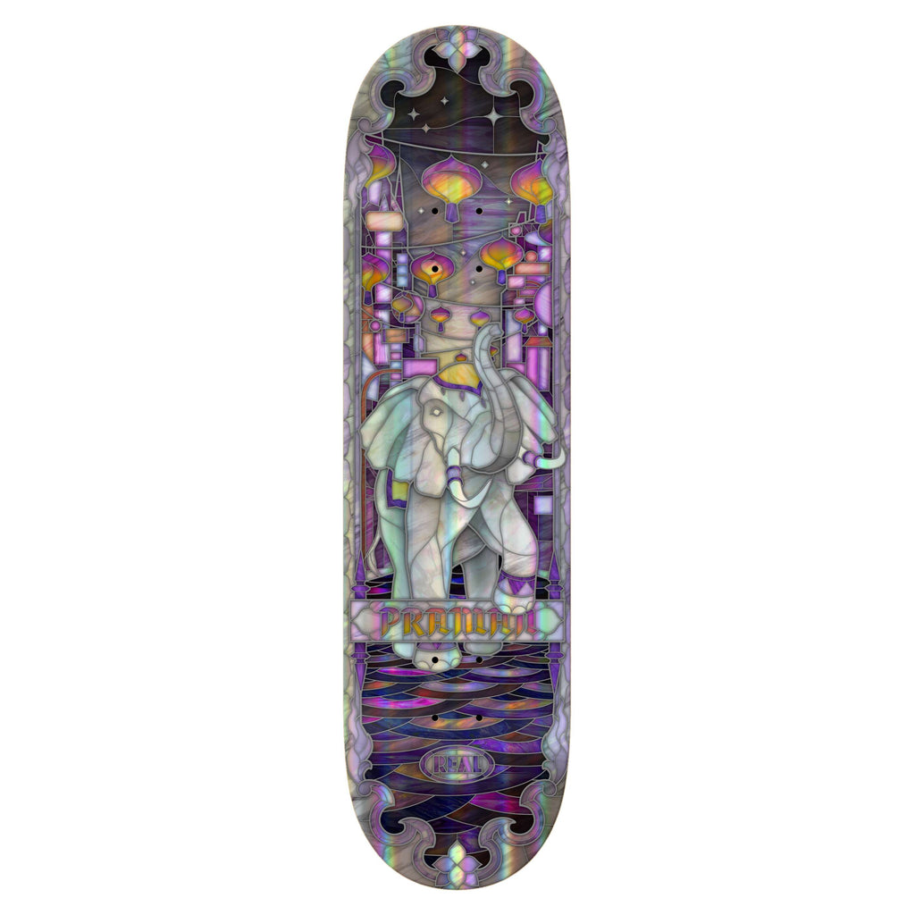 This skateboard deck, crafted with the REAL PRAMAN HOLO CATHEDRAL precision, features an intricate design of an elephant surrounded by floating lanterns and geometric patterns in purple and pastel shades.