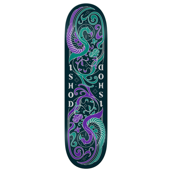 The REAL ISHOD ILLUMINATED TWIN TAIL BLUE, a skateboard deck from REAL, showcases an intricate design featuring purple and green dragons with "Ishod" in white letters. Built in REAL ISHOD's signature style, it boasts an 8.0" width TWIN TAIL for versatility.