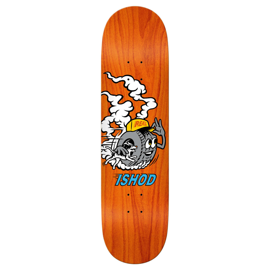 A wooden skateboard deck in an original shape showcasing a cartoon tire character emitting smoke while sporting a yellow hat with "REAL ISHOD MASCOT" prominently displayed on it.