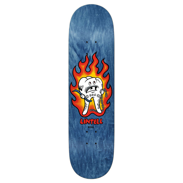 The REAL LINTELL MASCOT EASY RIDERS is a blue skateboard deck showcasing a cartoon character on fire, holding a board, with "Lintell" printed beneath. It features a relaxed concave design that guarantees responsive pop for incredibly smooth tricks.