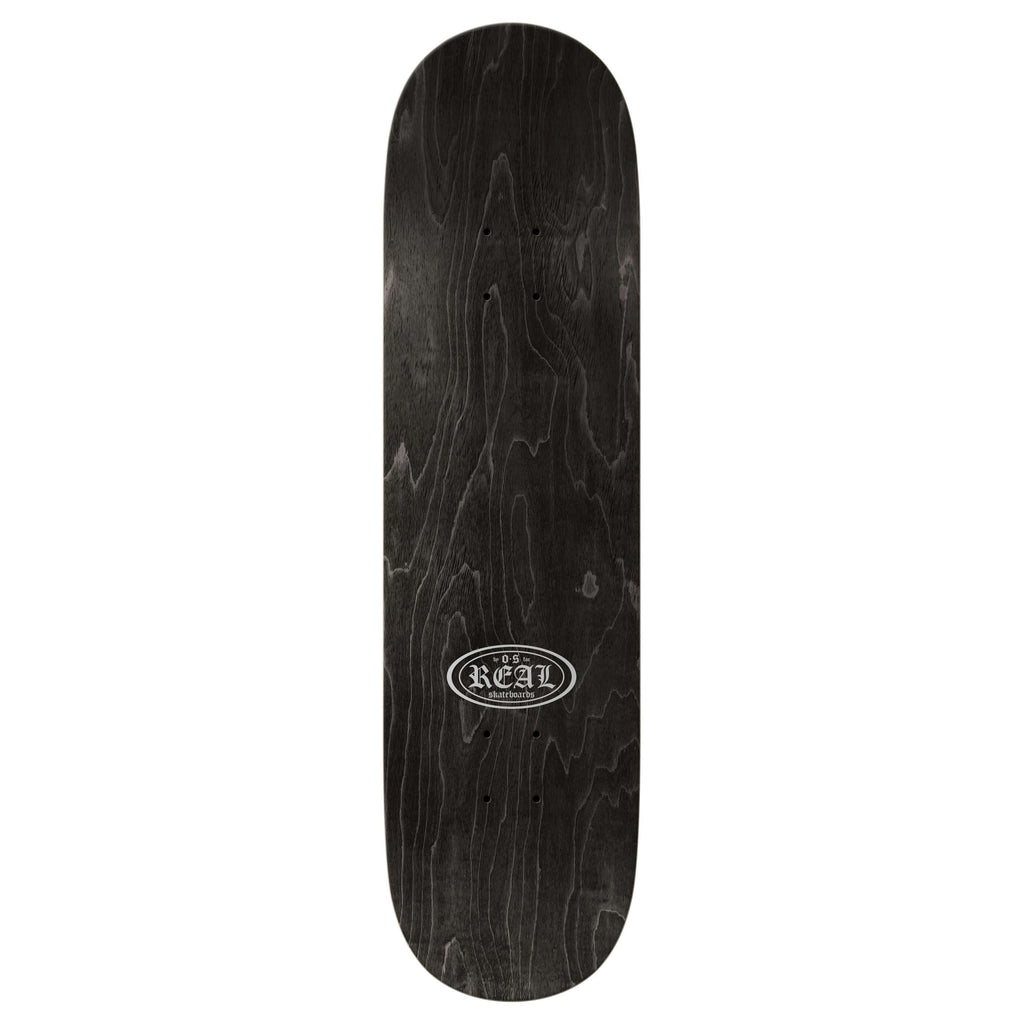 The cathedral deck showcases the REAL HAYLEY OUTSIDER skateboard, featuring a black surface with a wood grain texture and prominently displaying the word "REAL" in an oval logo at its center. This design blends artistry and performance for skaters who value authenticity.