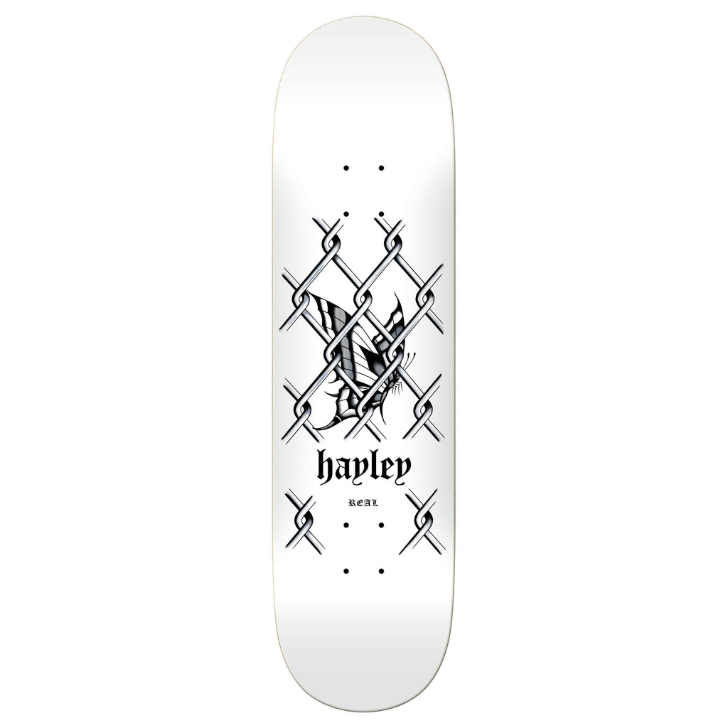 REAL HAYLEY OUTSIDER skateboard deck featuring a barbed wire graphic with "Hayley" and "Aerat" in Gothic font. Crafted for precision using a true fit mold, the board measures 31.3 inches long and 8.06 inches wide for optimal control.