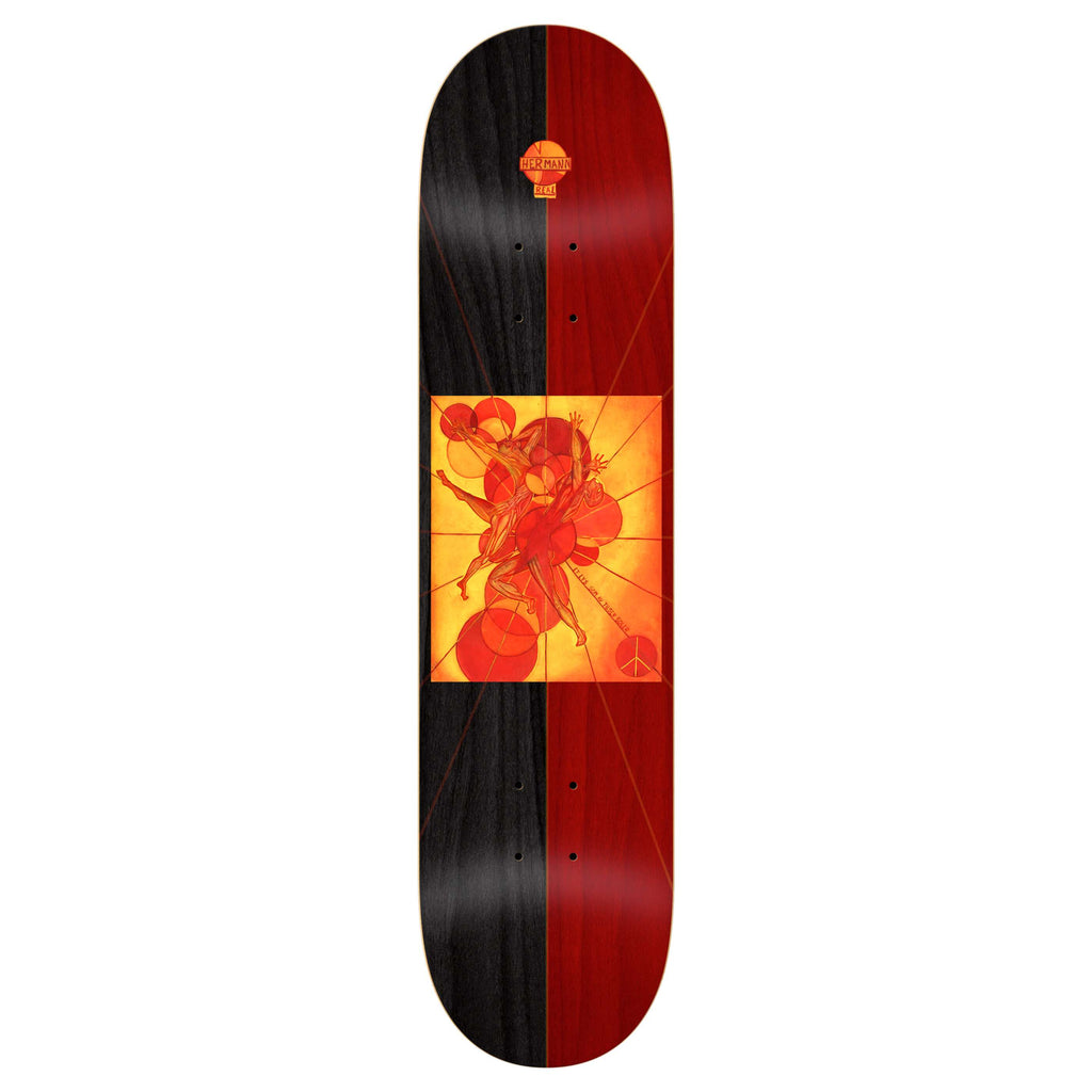 The REAL HERMANN THOUSAND SUNS TRUE FIT skateboard deck features an eye-catching red and black design, highlighted by a geometric insect illustration at its center, making it ideal for skaters who value both style and quality.