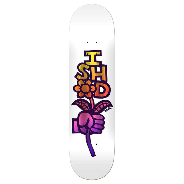 The REAL ISHOD BOUQUET EASY RIDERS skateboard deck from REAL showcases stylized graffiti art of a hand holding a flower, with the vibrant letters "ISHD" displayed above it. This design spans the entire length of the deck, creating an impressive visual impact.