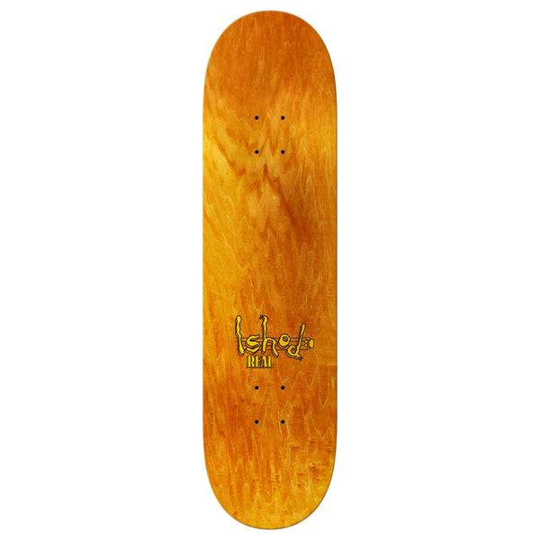 The REAL ISHOD RUDE TWIN TAIL skateboard deck by REAL features OG R1 Construction, a natural wood finish, and "Ishod" and "REAL" logos in yellow and black near the bottom center.
