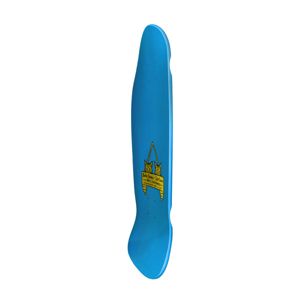 Blue skateboard deck featuring a yellow owl graphic and text on a white background. Explore the uniqueness of the REAL X SKATE SHOP DAY X NATAS X TODD FRANCIS, delivering style and balance for enthusiasts.