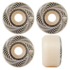 Four SPITFIRE FLASH POINT CONICAL FULL 99D 50MM skateboard wheels with black and white designs.