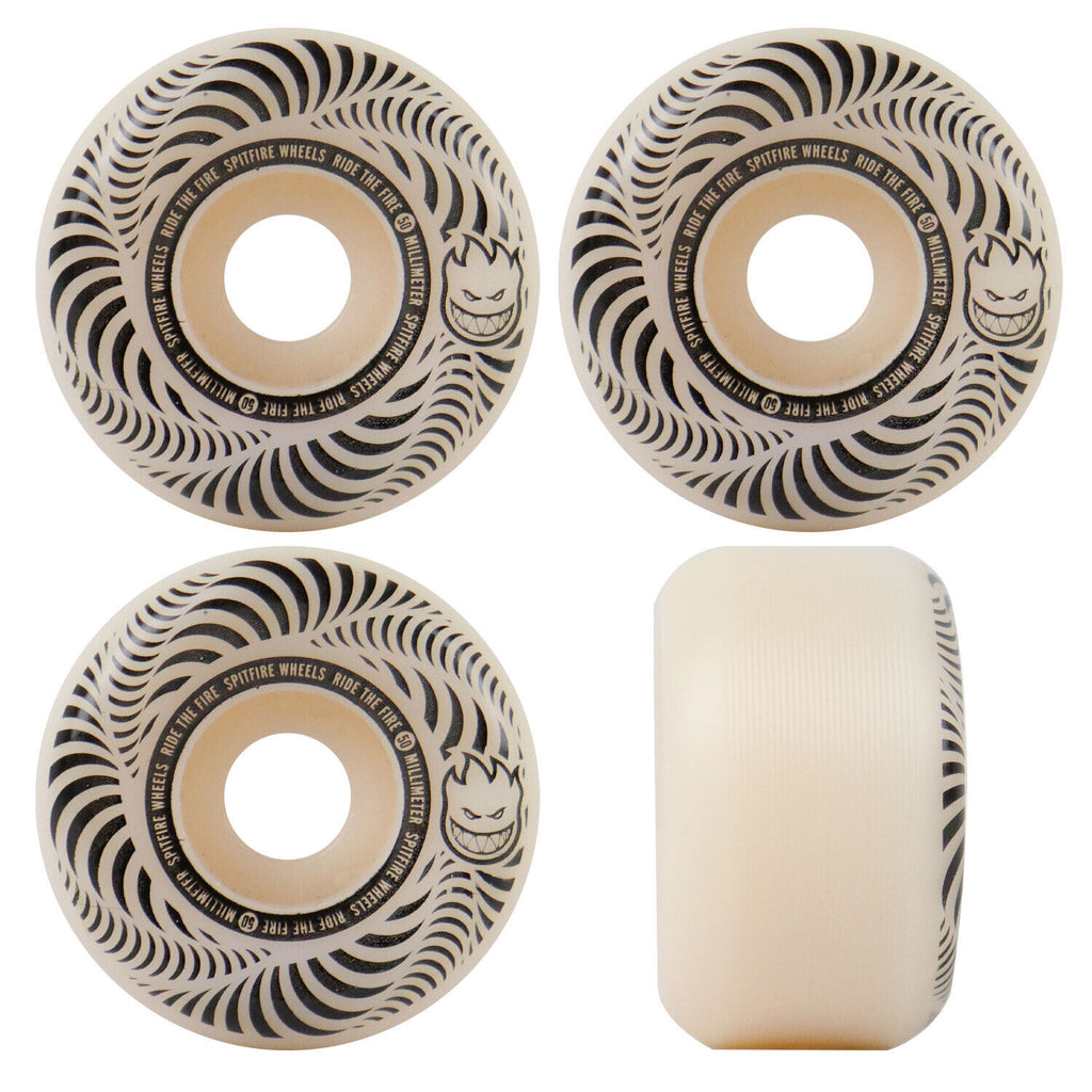 Four SPITFIRE FLASH POINT CONICAL FULL 99D 50MM skateboard wheels with black and white designs.