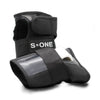 The S1 WRIST GUARDS by S1 HELMET CO. are black wrist guards with protective plastic splints and Velcro straps, featuring the brand name in white—ideal to pair with knee and elbow pads for complete lightweight protection.