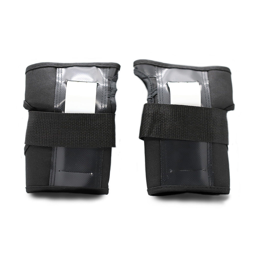 The S1 WRIST GUARDS by S1 HELMET CO. are black wrist supports with adjustable straps and white plastic inserts, pictured on a white background—perfect protection to pair with your knee and elbow pads for total joint support.