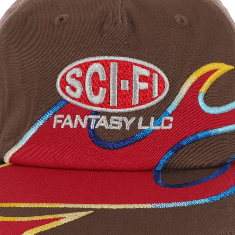 A SCI-FI FANTASY FLAME LLC hat in brown with the brand name SCI-FI FANTASY printed on it.