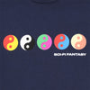 The SCI-FI FANTASY YIN-YANG TEE DARK NAVY features five colorful yin-yang symbols above "SCI-FI FANTASY" text, perfect for fans of the brand or anyone seeking a distinctive sci-fi fantasy shirt.