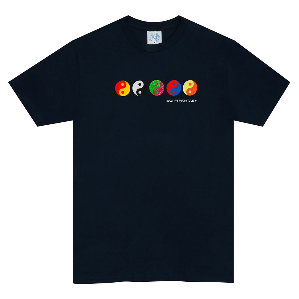 The SCI-FI FANTASY YIN-YANG TEE DARK NAVY features a row of colorful yin-yang symbols above the "SCI-FI FANTASY" logo on the chest.