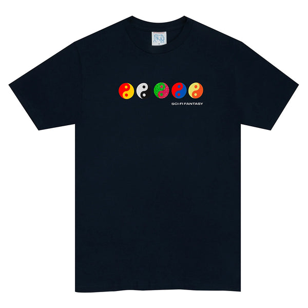 The SCI-FI FANTASY YIN-YANG TEE DARK NAVY features a row of colorful yin-yang symbols above the "SCI-FI FANTASY" logo on the chest.
