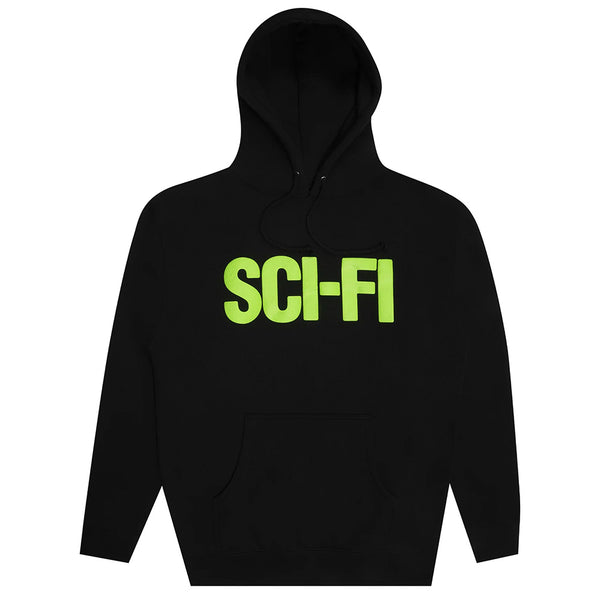 The SCI-FI FANTASY BIG SCI-FI HOODIE BLACK by SCI-FI FANTASY features a front pocket and bold neon green "SCI-FI" lettering—an eye-catching, stylish choice for any sci-fi fantasy fan.