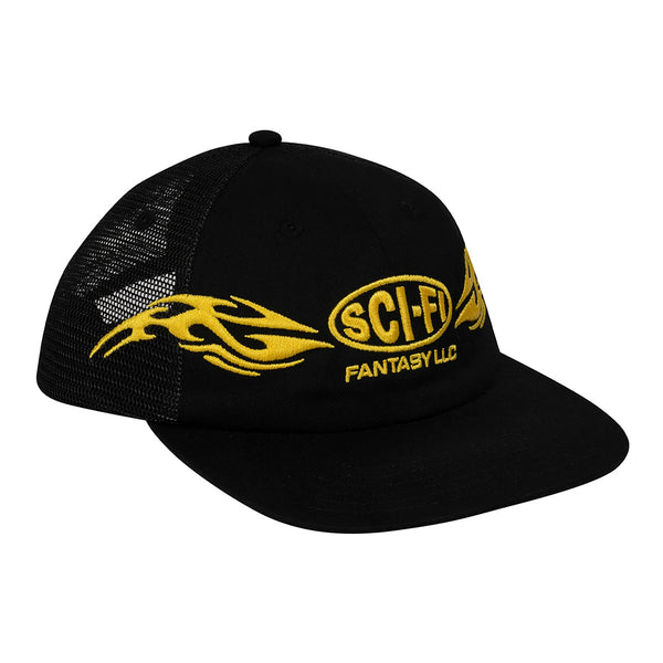 The SCI-FI FANTASY ORGIN MESH HAT BLACK features yellow flame designs, "SCI-FI FANTASY LLC" embroidery on the front, and a classic snapback closure for adjustable fit from brand SCI-FI FANTASY.