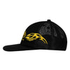 The SCI-FI FANTASY ORGIN MESH HAT BLACK features a black mesh design, yellow flame graphic on the side, partial yellow logo text on the front, and a snapback closure. Brand: SCI-FI FANTASY. Side view shown.