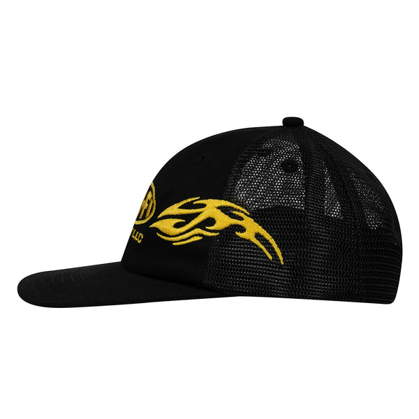 The SCI-FI FANTASY ORGIN MESH HAT BLACK features a black mesh design, yellow flame graphic on the side, partial yellow logo text on the front, and a snapback closure. Brand: SCI-FI FANTASY. Side view shown.
