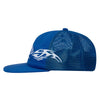 The SCI-FI FANTASY ORGIN MESH HAT ROYAL by SCI-FI FANTASY is a blue mesh trucker hat with a flat brim, white flame design on the side, and an adjustable snapback closure.