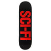 The SCI-FI FANTASY HIGH GLOSS BIG LOGO skateboard deck features a sleek black design with bold red letters forming the word "SCI-FI" vertically, making it ideal for any sci-fi fantasy fan eager to take on the streets.