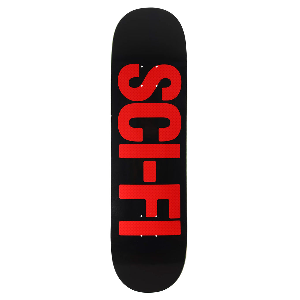 The SCI-FI FANTASY HIGH GLOSS BIG LOGO skateboard deck features a sleek black design with bold red letters forming the word "SCI-FI" vertically, making it ideal for any sci-fi fantasy fan eager to take on the streets.