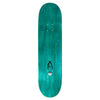 Displayed from above, the SCI-FI FANTASY HIGH GLOSS BIG LOGO skateboard deck boasts a vibrant teal design with striking black graphics in the center and several holes for truck assembly, ideal for cruising while wearing your favorite bear suit.