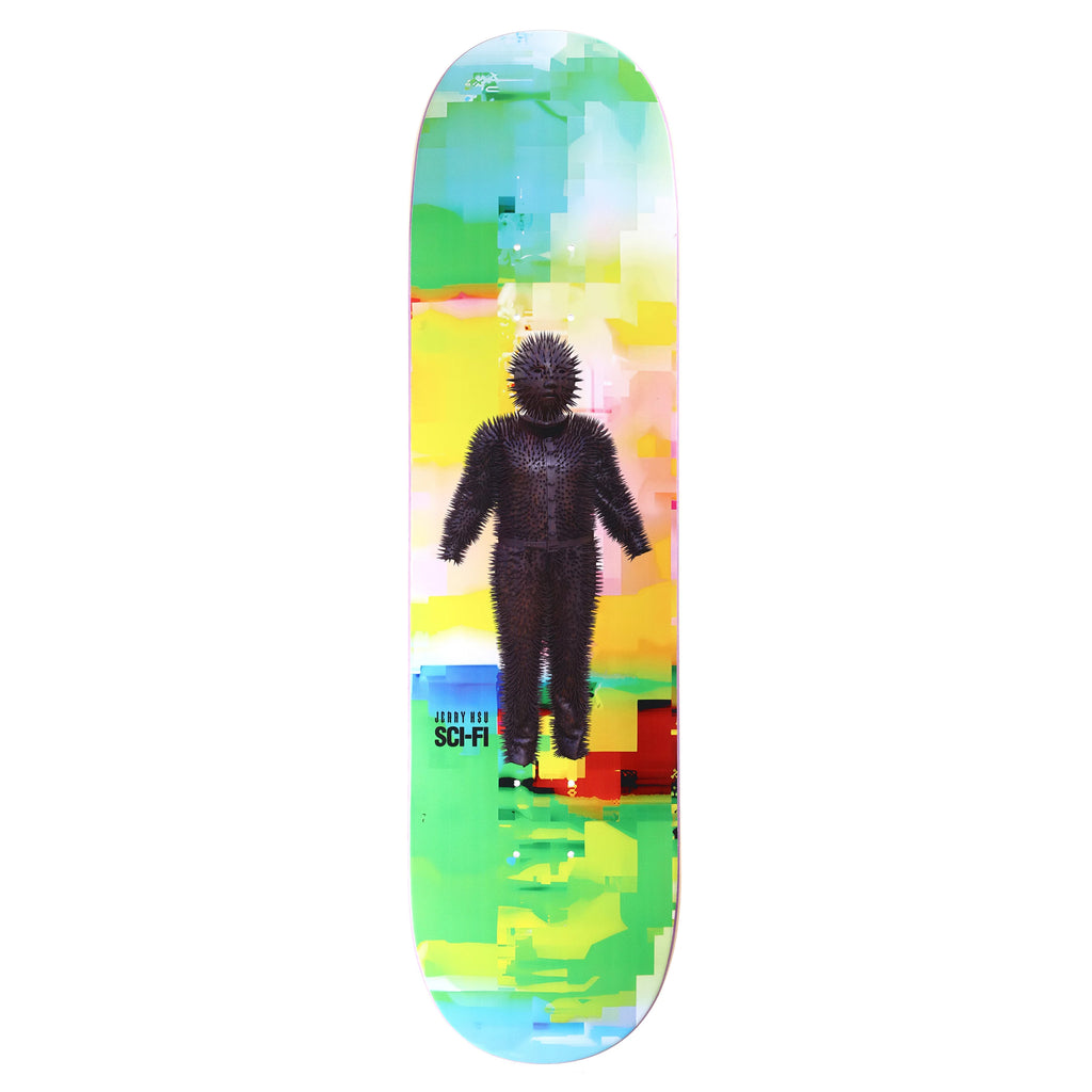 Skateboard deck showcasing a lively geometric backdrop and a central figure in an HSU BEAR SUIT. The text says "SCI-FI FANTASY.