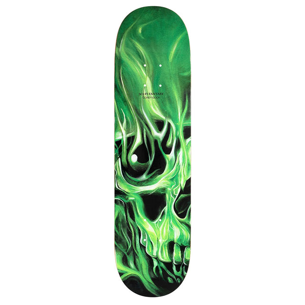 The SCI-FI FANTASY GLICK SKULLS skateboard deck features a vivid green flaming skull on black, made from durable 7-ply maple and sized at 8.25" for the ideal mix of strength and style.