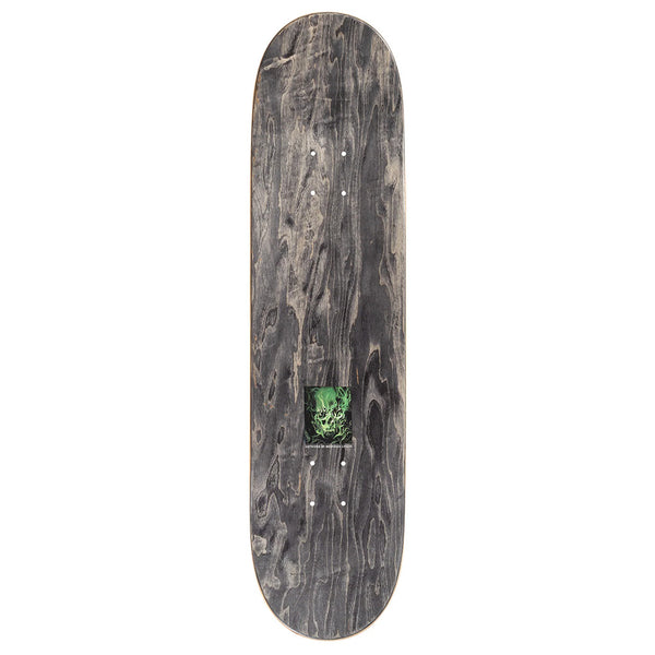 The SCI-FI FANTASY GLICK SKULLS 8.25" skateboard deck by SCI-FI FANTASY features a dark wood grain finish, small green center graphic, durable 7-ply maple construction, and pre-drilled truck holes.