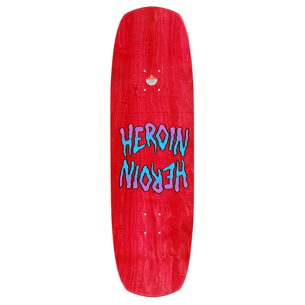 The HEROIN SEEING DOUBLE SYMMETRICAL SHOVEL by HEROIN is a red Hard Rock Maple skateboard deck with a rectangular shape, rounded edges, and "HEROIN" printed in blue twice—right side up and upside down.