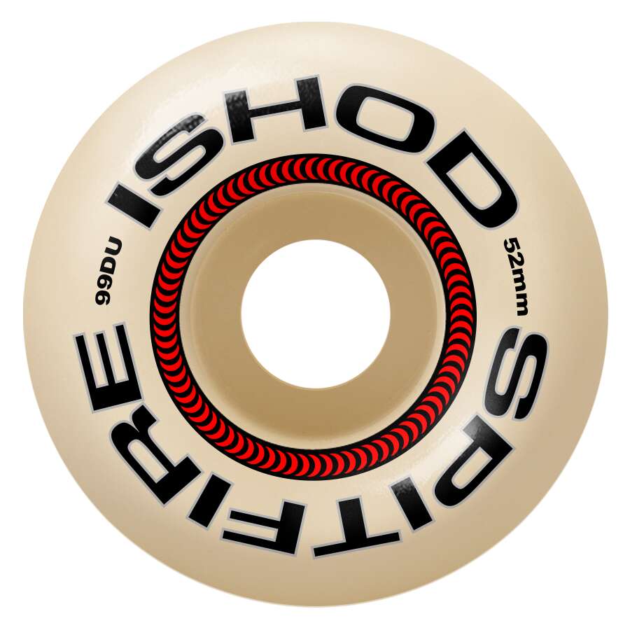 The SPITFIRE F4 ISHOD LOCK-IN CLASSICS 99D 52MM is a beige skateboard wheel with black and red text around the edge, designed for speed and control with Formula Four performance—ideal for demanding riders.