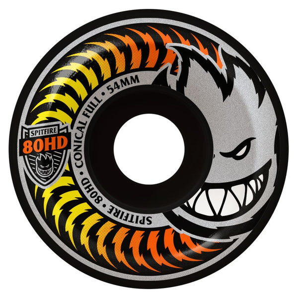 A black SPITFIRE FADE CONICAL FULL 80HD 54MM skateboard wheel with a flame on it.